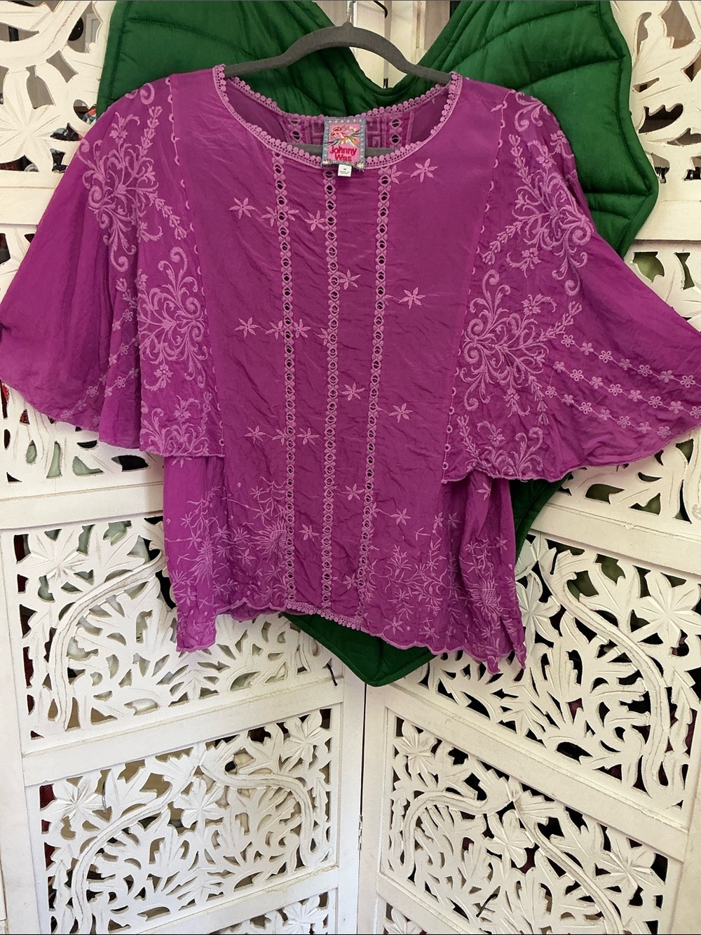 Johnny Was embroidered flutter sleeve purple fuschia blouse, size M